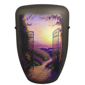 Hand Painted Biodegradable Cremation Ashes Funeral Urn / Casket - Lavender Garden on Brown Matt